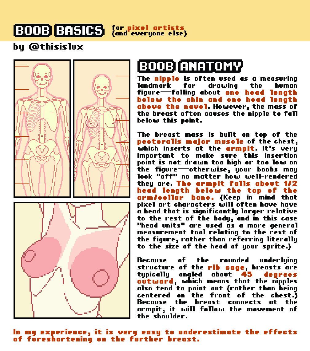 Boob Anatomy: The nipple is often used as a measuring landmark for drawing the human figure—falling about one head length below the chin and one head length above the navel. However, the mass of the breast often causes the nipple to fall below this point.  The breast mass is built on top of the pectoralis major muscle of the chest, which inserts at the armpit. It's very important to make sure this insertion point is not drawn too high or too low on the figure—otherwise, your boobs may look “off” no matter how well-rendered they are. The armpit falls about ½ head length below the top of the arm/collar bone. (Keep in mind that pixel art characters will often have a head that is significantly larger relative to the rest of the body, and in this case “head units” are used as a more general measurement tool relating to the rest of the figure, rather than referring literally to the size of the head of your sprite.)  Because of the rounded underlying structure of the rib cage, breasts are typically angled about 45 degrees outward, which means that the nipples also tend to point out (rather than being centered on the front of the chest.) Because the breast connects at the armpit, it will follow the movement of the shoulder.   In my experience, it is very easy to underestimate the effects of foreshortening on the further breast. 